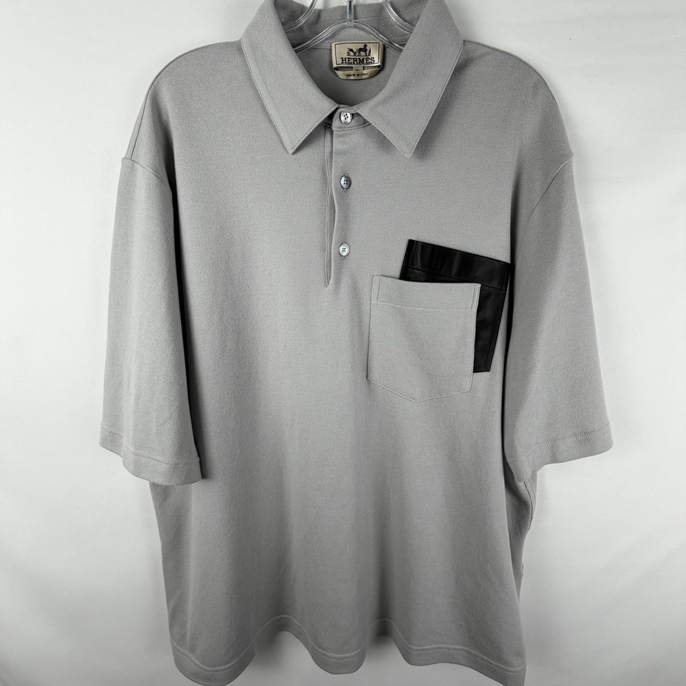 Hermes Mens Short Sleeve Polo Shirt Sz XL Cotton‎ Cashmere Lambskin Pocket